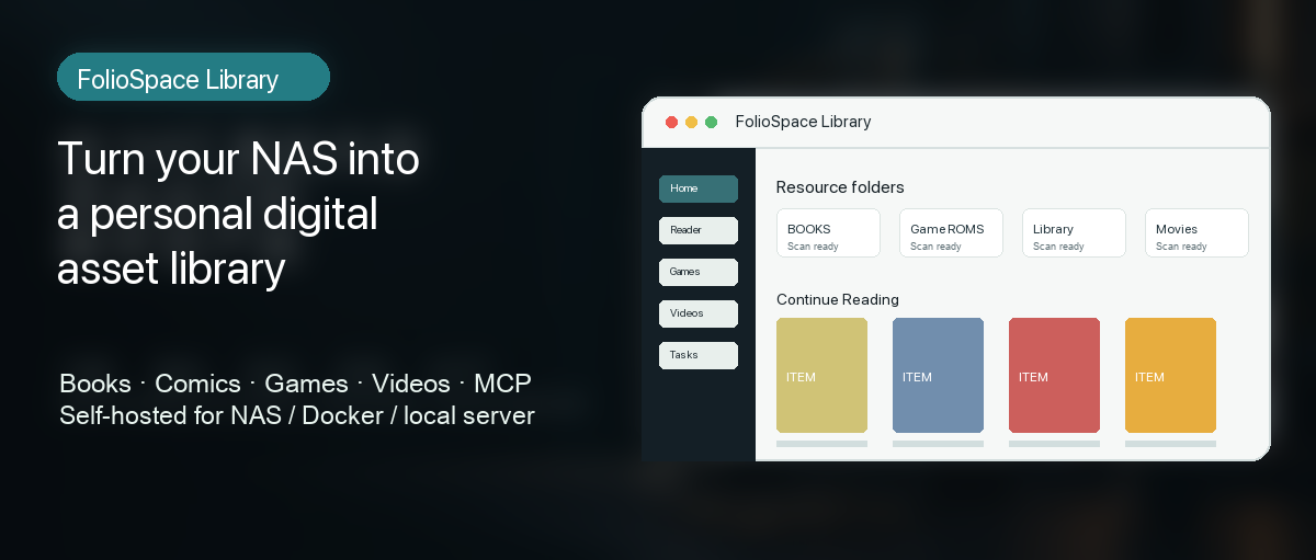 FolioSpace Library running on a NAS with a web dashboard.