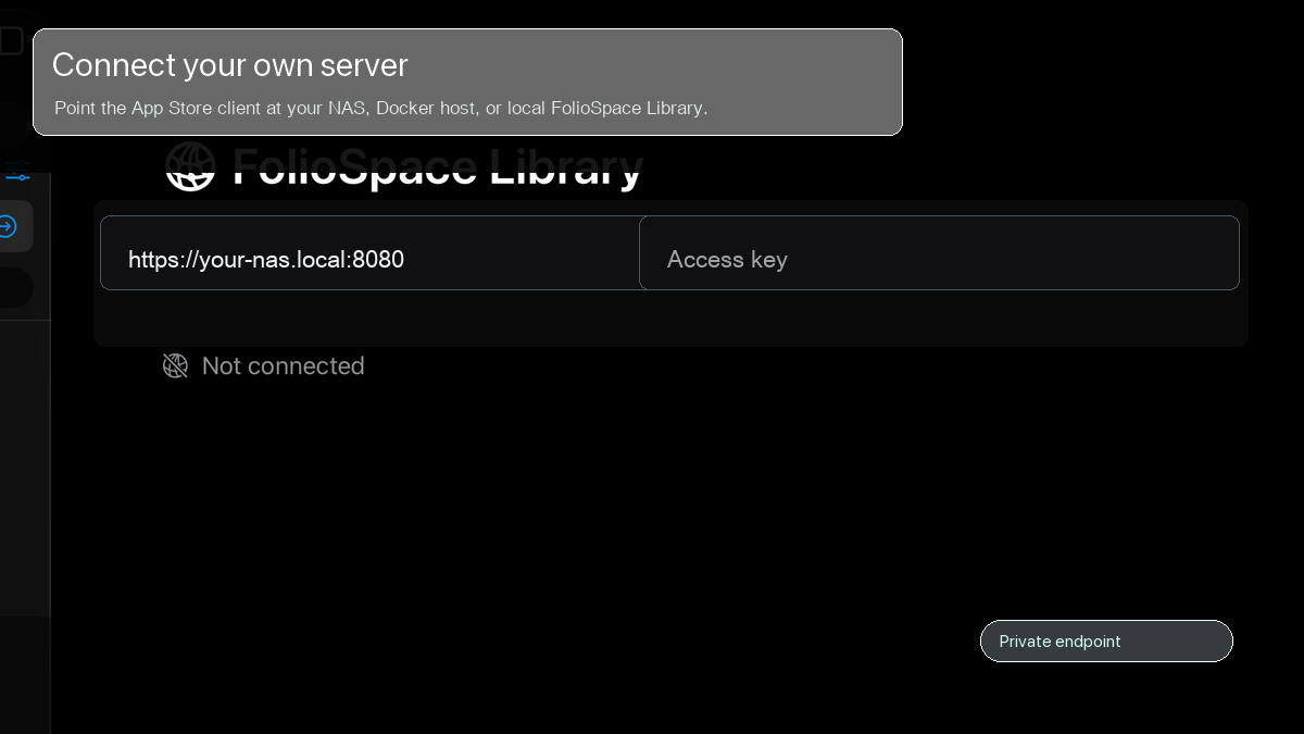 FolioSpace client connecting to a private self-hosted server.