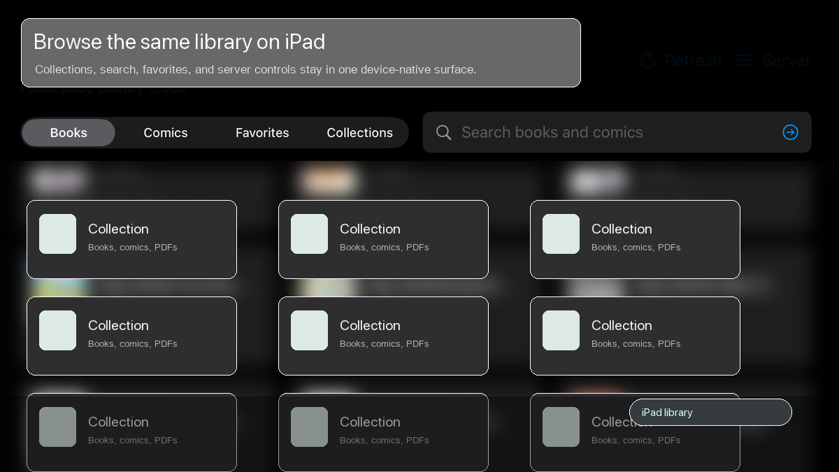 FolioSpace iPad library view with collections and search.