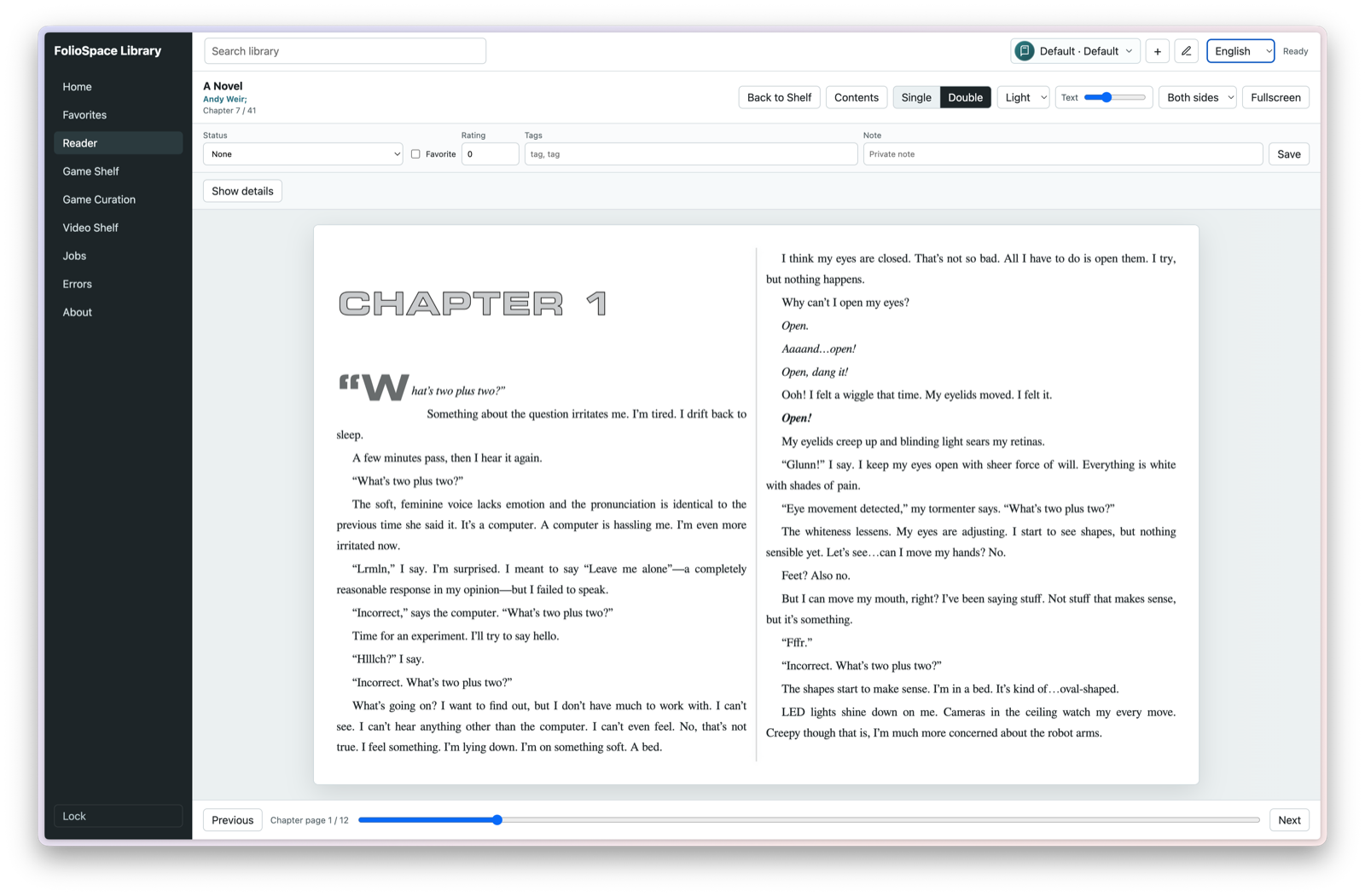 FolioSpace Library web reader showing English controls and a two-page reading layout.